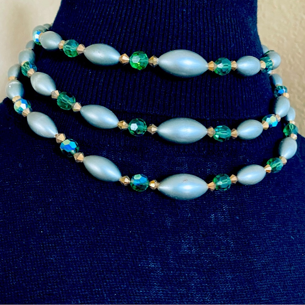 Vintage 3 Strand Necklace Grey and Green Plastic and Glass Beads